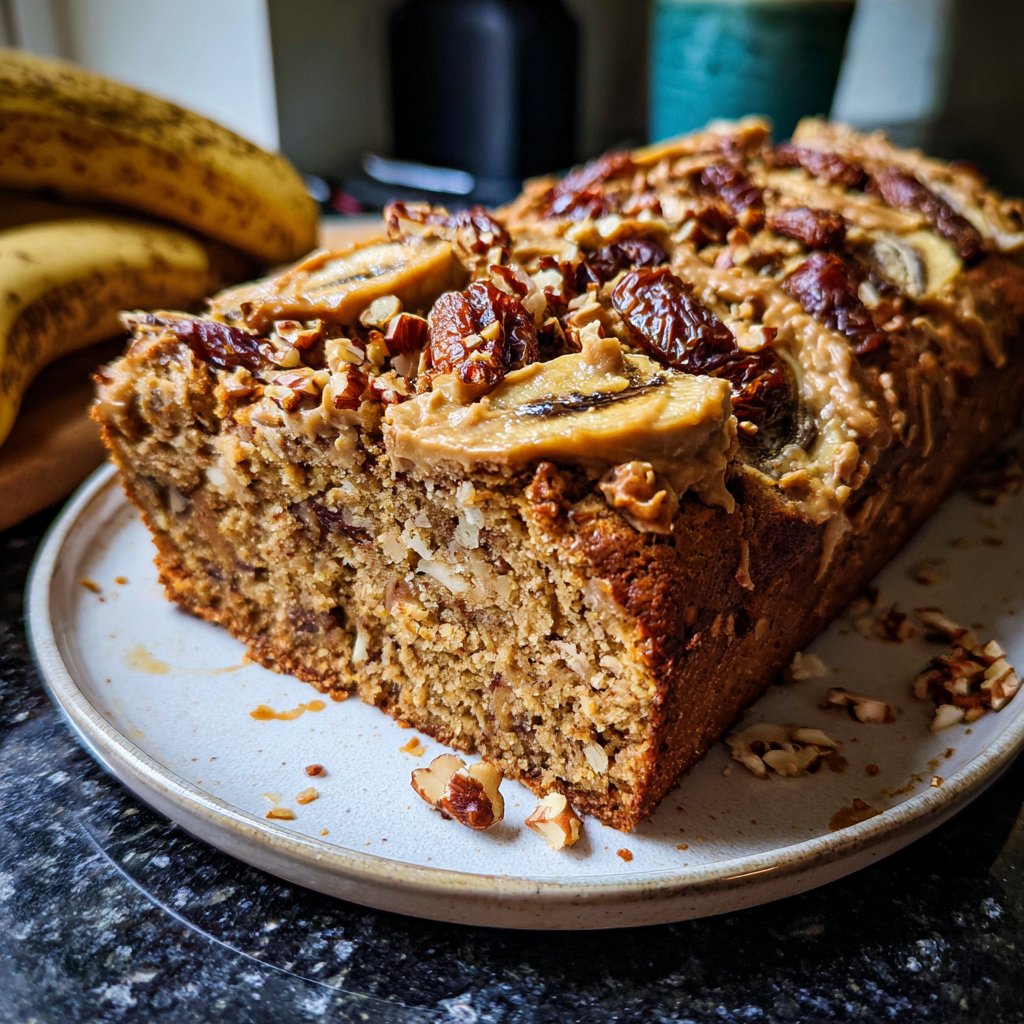 Bananenbrot mit Mandelmus und Datteln